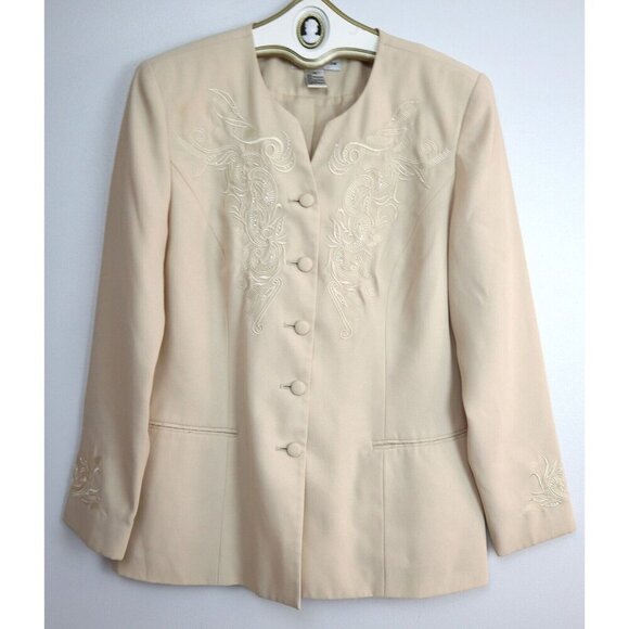 Taylor Jackets & Blazers - JUSTIN TAYLOR - WOMEN'S BEIGE EMBROIDERED BLAZER JACKET - SIZE 10